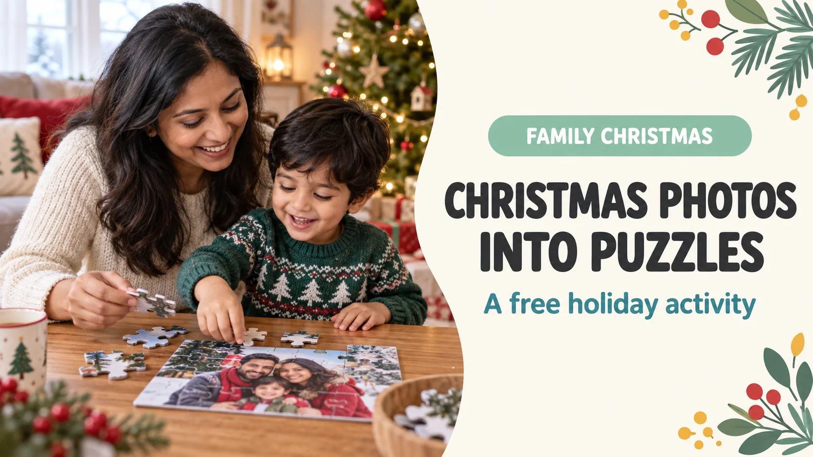 A parent and child making a puzzle from a family Christmas photo