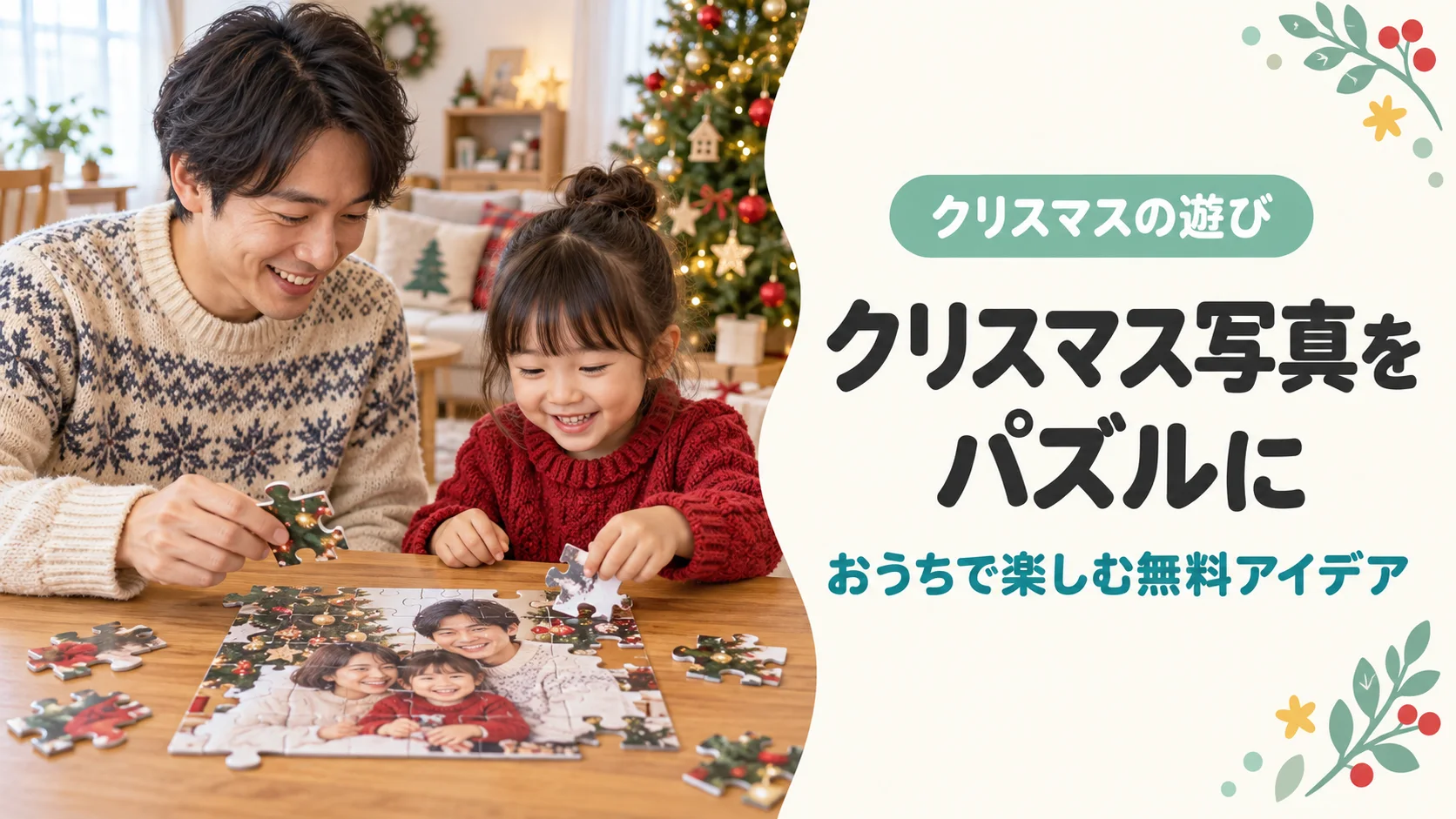 父親と子供がクリスマスの家族写真を見ながらパズルで遊ぶイメージ