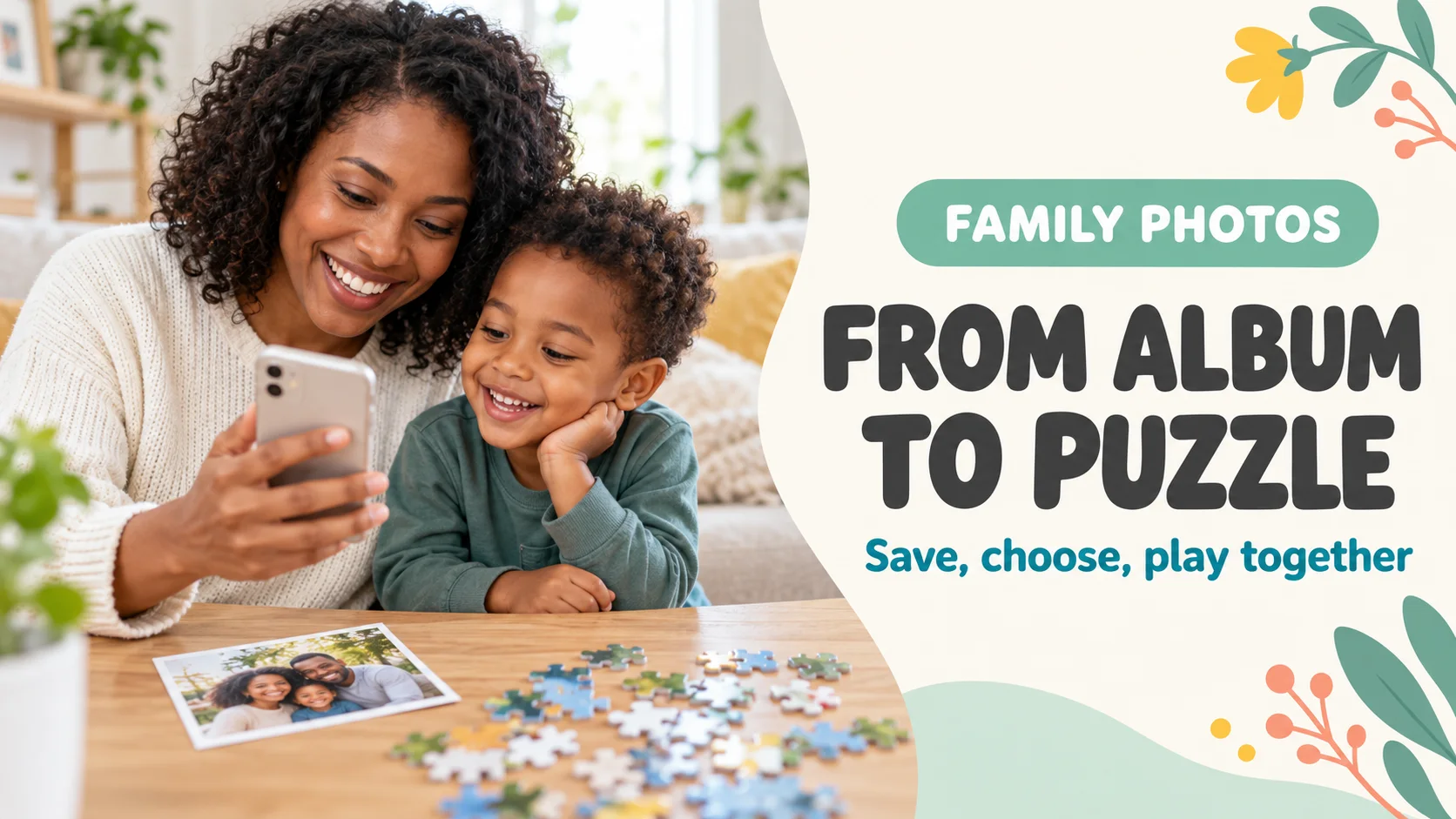 A parent and child looking at a family photo together before making a photo puzzle
