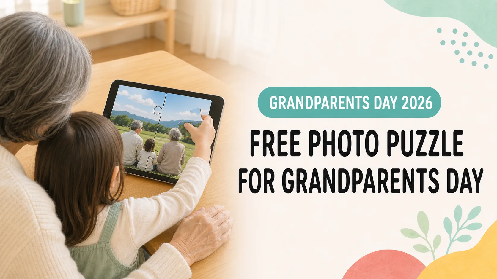 A grandparent and child making a free family photo puzzle for Grandparents Day