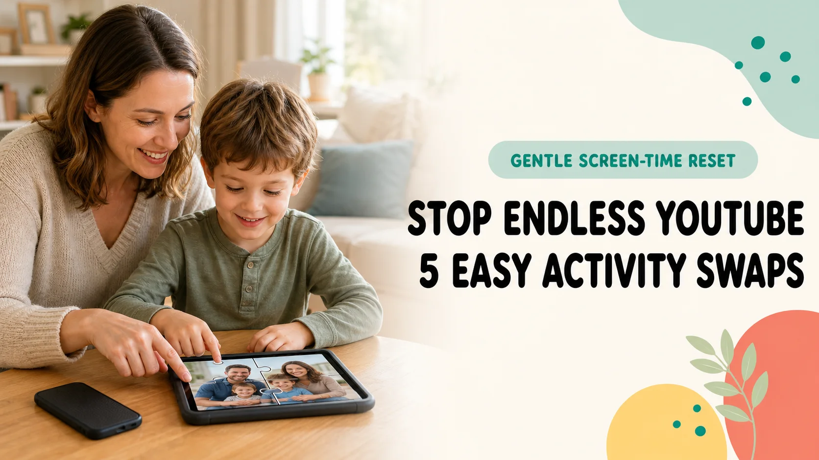 A parent helping a preschooler switch from endless YouTube viewing to a short photo puzzle