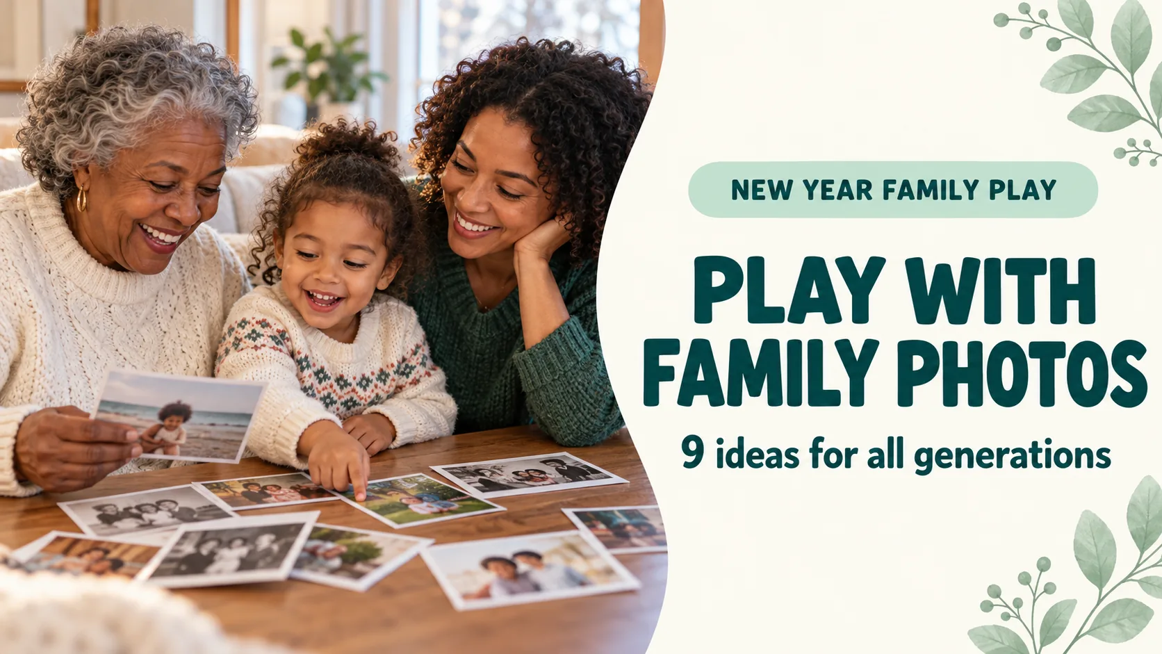 A child, parent and grandmother playing with family photos during a New Year gathering