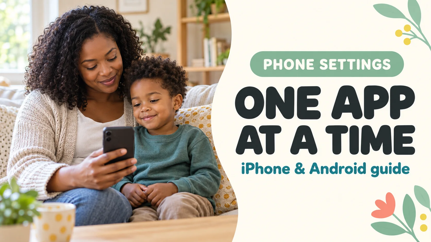 A mother and preschooler looking at a phone together before setting it to one app