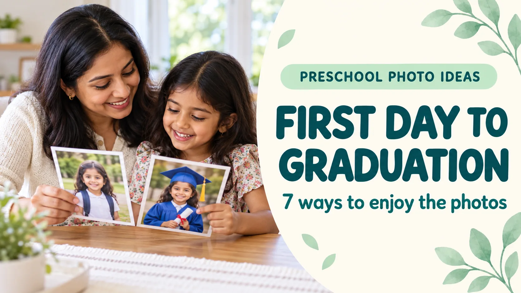 A parent and child comparing first-day and graduation photos from preschool