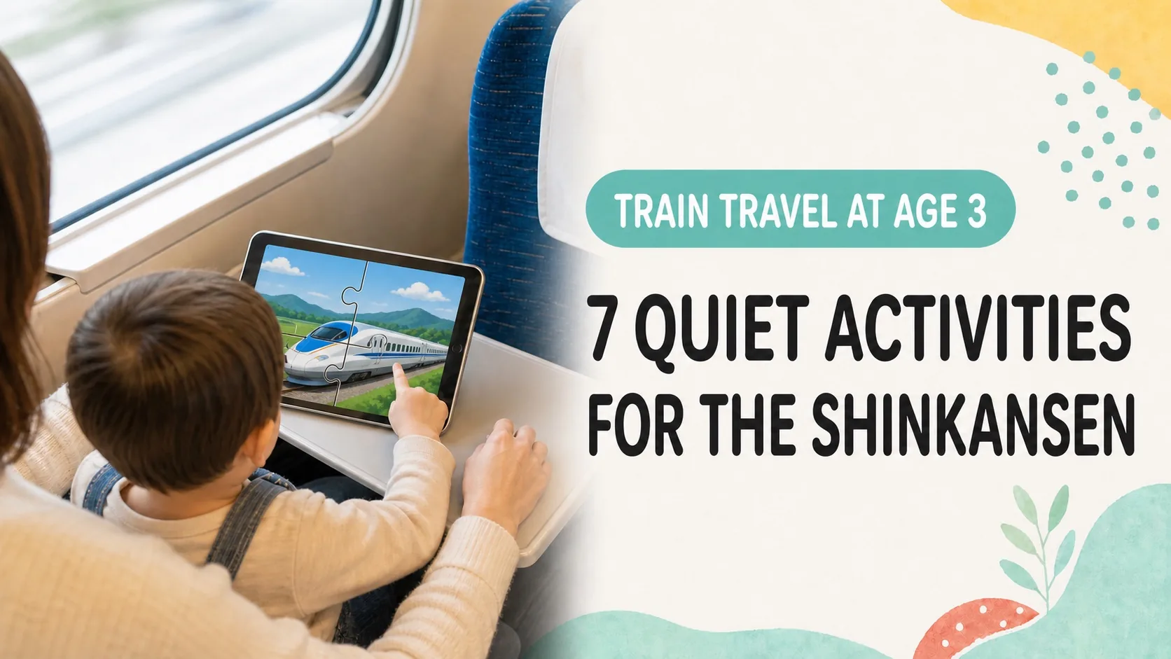 A parent and 3-year-old using a quiet photo puzzle on the Shinkansen