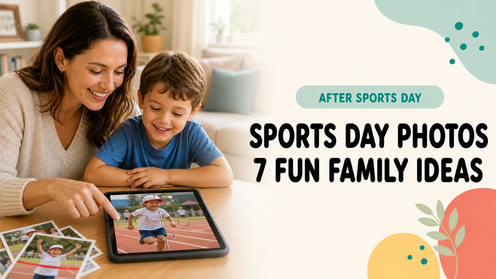 A parent and child turning a school Sports Day photo into a four-piece puzzle